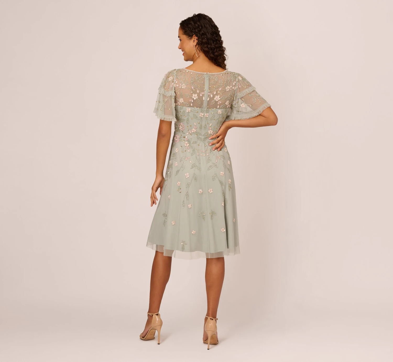 Adrianna Papell Beaded Midi Dress With Sheer Ruffled Sleeves In Frosted Sage 4 Adrianna Papell Beaded Midi Dress With Sheer Ruffled Sleeves In Frosted Sage - Image 4