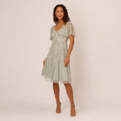 Adrianna Papell Beaded Midi Dress With Sheer Ruffled Sleeves In Frosted Sage