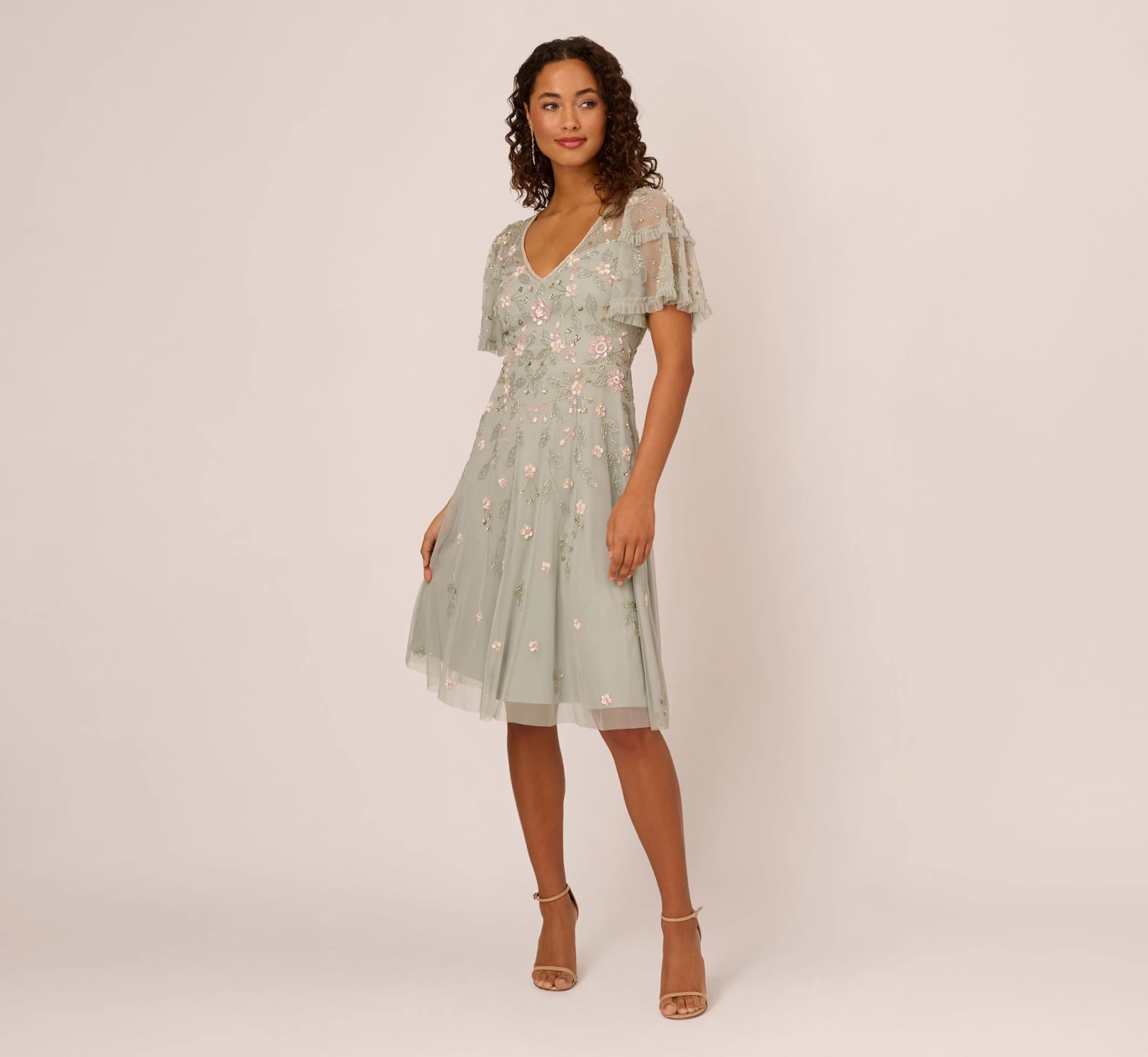 Adrianna Papell Beaded Midi Dress With Sheer Ruffled Sleeves In Frosted Sage 1 Adrianna Papell Beaded Midi Dress With Sheer Ruffled Sleeves In Frosted Sage