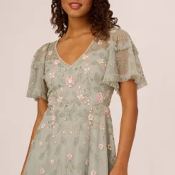 Adrianna Papell Beaded Midi Dress With Sheer Ruffled Sleeves In Frosted Sage 8 Adrianna Papell Beaded Midi Dress With Sheer Ruffled Sleeves In Frosted Sage -Glam Mirth Sales AP1E209508 AG484 Regular Detail