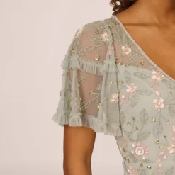 Adrianna Papell Beaded Midi Dress With Sheer Ruffled Sleeves In Frosted Sage 10 Adrianna Papell Beaded Midi Dress With Sheer Ruffled Sleeves In Frosted Sage -Glam Mirth Sales AP1E209508 AG484 Regular Lifestyle