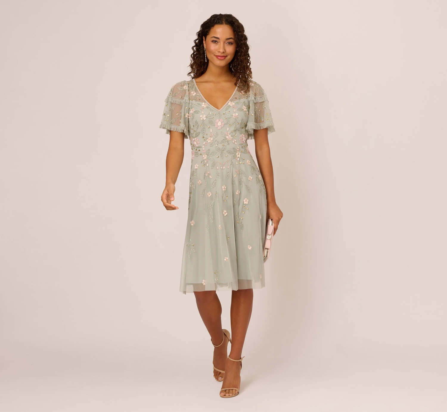 Adrianna Papell Beaded Midi Dress With Sheer Ruffled Sleeves In Frosted Sage 2 Adrianna Papell Beaded Midi Dress With Sheer Ruffled Sleeves In Frosted Sage - Image 2