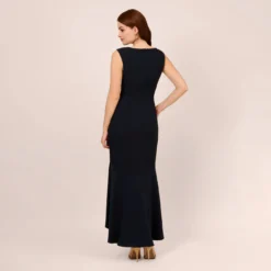 Adrianna Papell Satin Crepe High/Low Gown With Button Details In Dark Navy 10 Adrianna Papell Satin Crepe High/Low Gown With Button Details In Dark Navy -Glam Mirth Sales AP1E209529 AV410 Regular Back