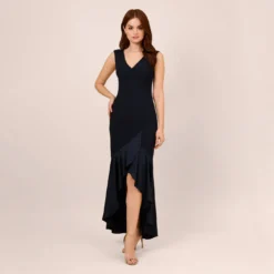 Adrianna Papell Satin Crepe High/Low Gown With Button Details In Dark Navy