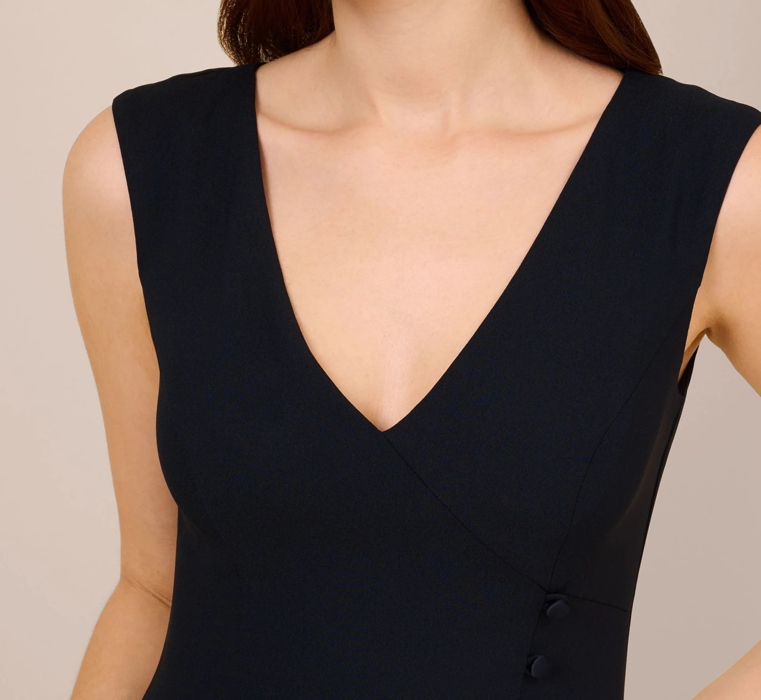 Adrianna Papell Satin Crepe High/Low Gown With Button Details In Dark Navy 2 Adrianna Papell Satin Crepe High/Low Gown With Button Details In Dark Navy - Image 2