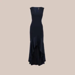 Adrianna Papell Satin Crepe High/Low Gown With Button Details In Dark Navy 13 Adrianna Papell Satin Crepe High/Low Gown With Button Details In Dark Navy -Glam Mirth Sales AP1E209529 AV410 Regular Flat
