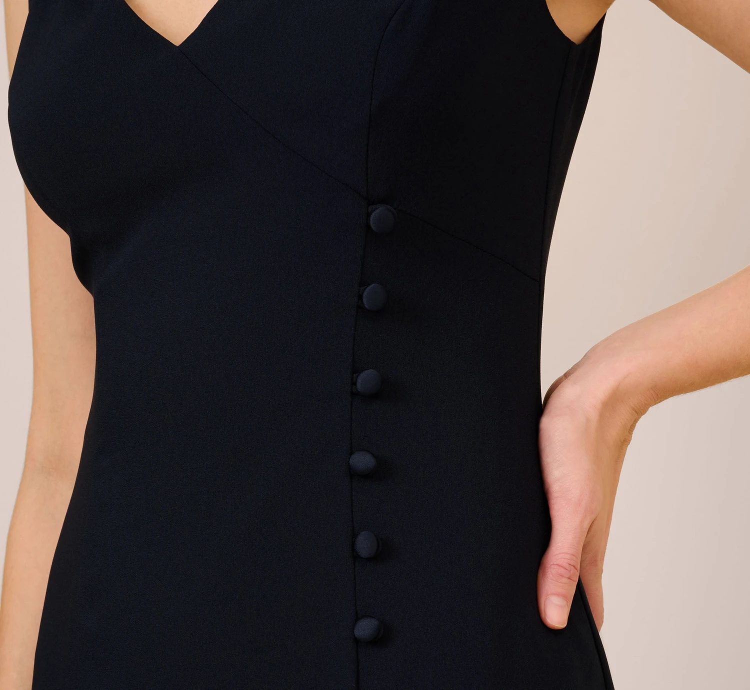 Adrianna Papell Satin Crepe High/Low Gown With Button Details In Dark Navy 5 Adrianna Papell Satin Crepe High/Low Gown With Button Details In Dark Navy - Image 5