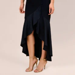 Adrianna Papell Satin Crepe High/Low Gown With Button Details In Dark Navy 9 Adrianna Papell Satin Crepe High/Low Gown With Button Details In Dark Navy -Glam Mirth Sales AP1E209529 AV410 Regular Side