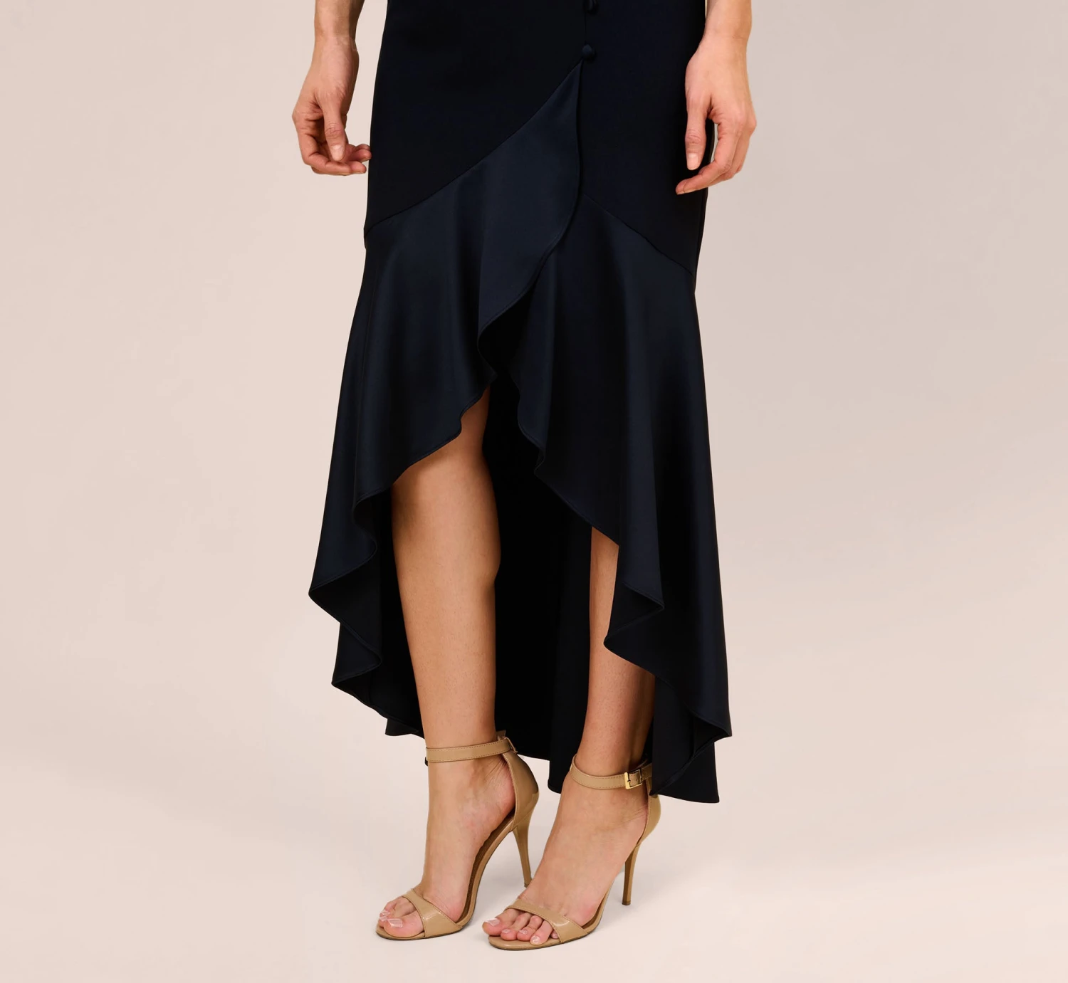 Adrianna Papell Satin Crepe High/Low Gown With Button Details In Dark Navy 3 Adrianna Papell Satin Crepe High/Low Gown With Button Details In Dark Navy - Image 3