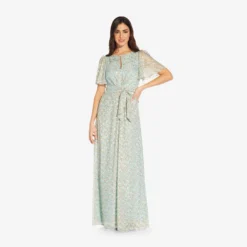 Adrianna Papell Floral-Print Tie-Front Fit-And-Flare Chiffon Long Gown In Skyway