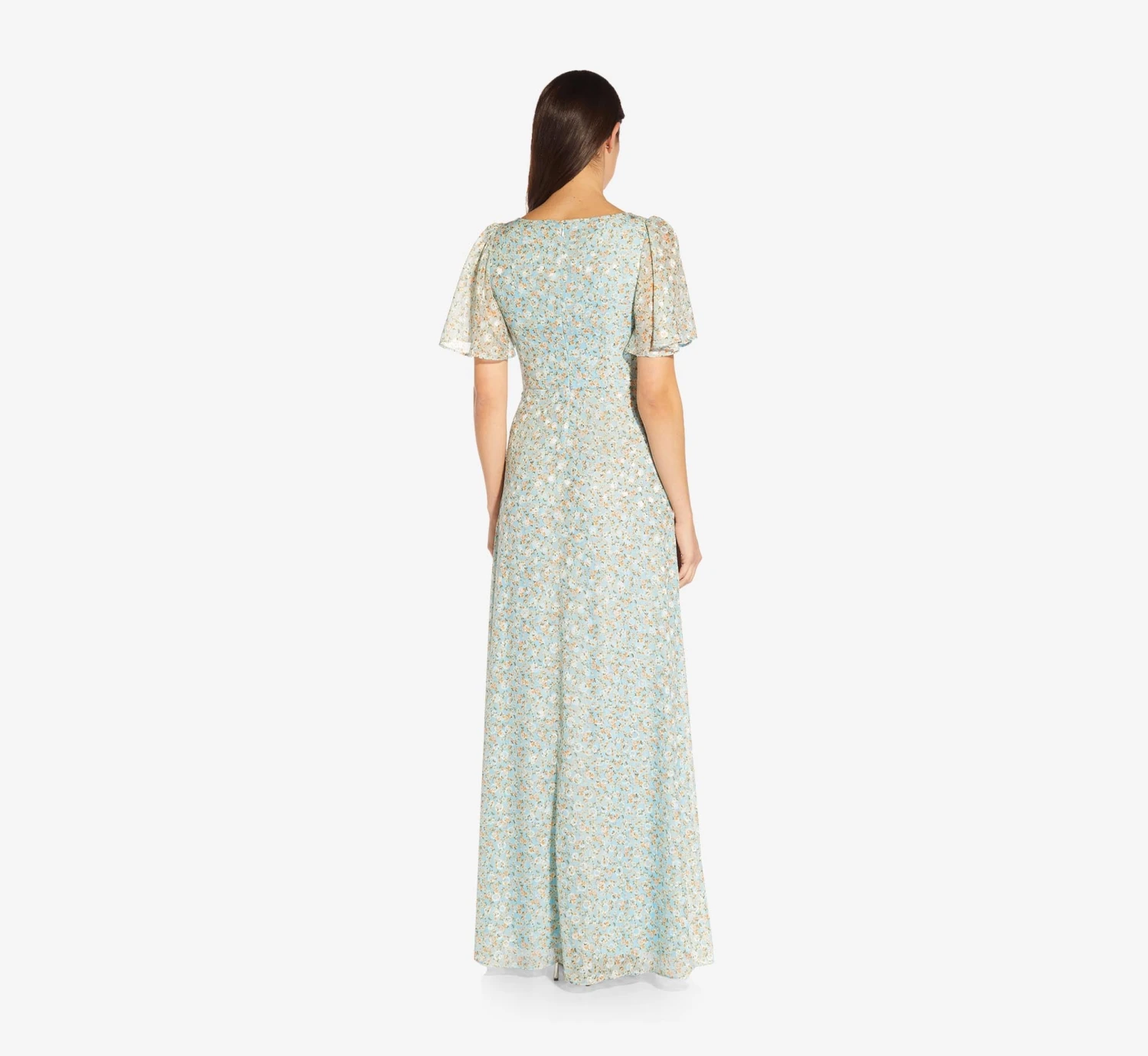 Adrianna Papell Floral-Print Tie-Front Fit-And-Flare Chiffon Long Gown In Skyway 4 Adrianna Papell Floral-Print Tie-Front Fit-And-Flare Chiffon Long Gown In Skyway - Image 4