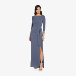 Adrianna Papell Metallic Knit Long Draped Column Gown In Steel Blue 5 Adrianna Papell Metallic Knit Long Draped Column Gown In Steel Blue -Glam Mirth Sales AP1E209543 AA460 Regular Alternate