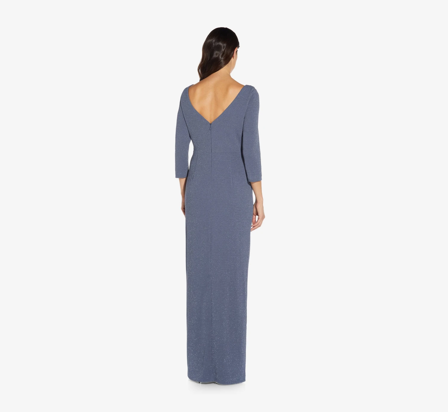 Adrianna Papell Metallic Knit Long Draped Column Gown In Steel Blue 2 Adrianna Papell Metallic Knit Long Draped Column Gown In Steel Blue - Image 2