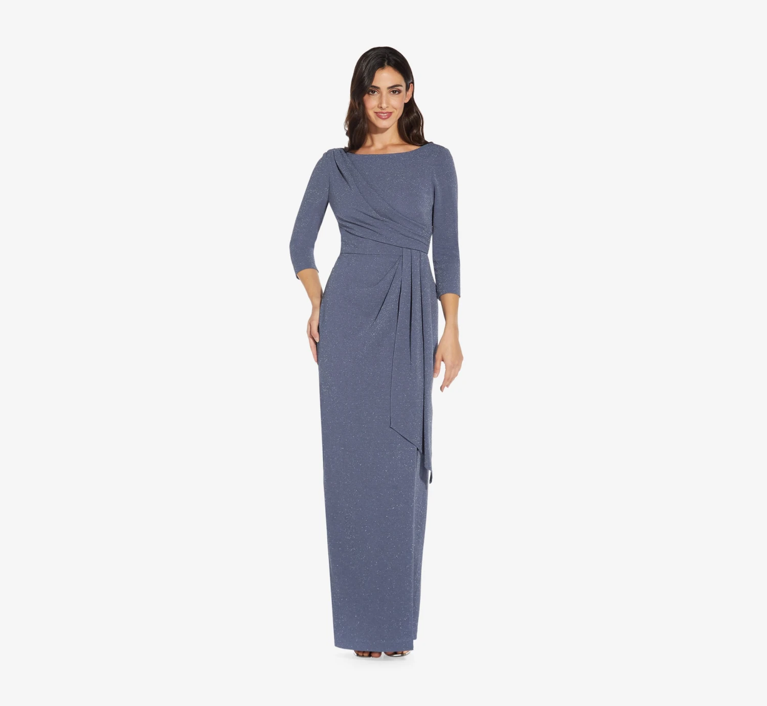 Adrianna Papell Metallic Knit Long Draped Column Gown In Steel Blue 1 Adrianna Papell Metallic Knit Long Draped Column Gown In Steel Blue