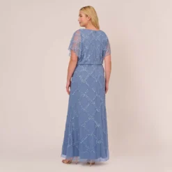 Adrianna Papell Plus Size Hand-Beaded Blouson Long Gown With Flutter Sleeves In French Blue 9 Adrianna Papell Plus Size Hand-Beaded Blouson Long Gown With Flutter Sleeves In French Blue -Glam Mirth Sales AP1E209547 AA544 Plus Back
