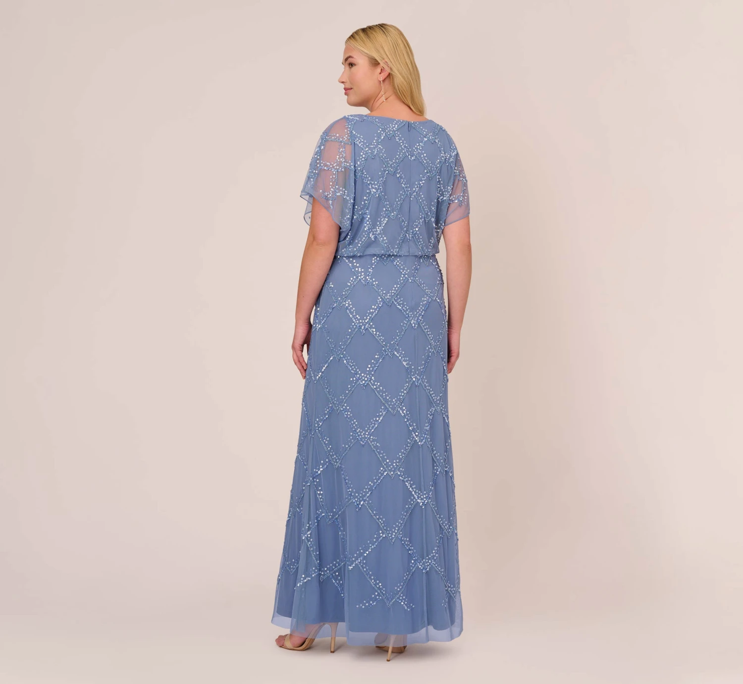 Adrianna Papell Plus Size Hand-Beaded Blouson Long Gown With Flutter Sleeves In French Blue 4 Adrianna Papell Plus Size Hand-Beaded Blouson Long Gown With Flutter Sleeves In French Blue - Image 4