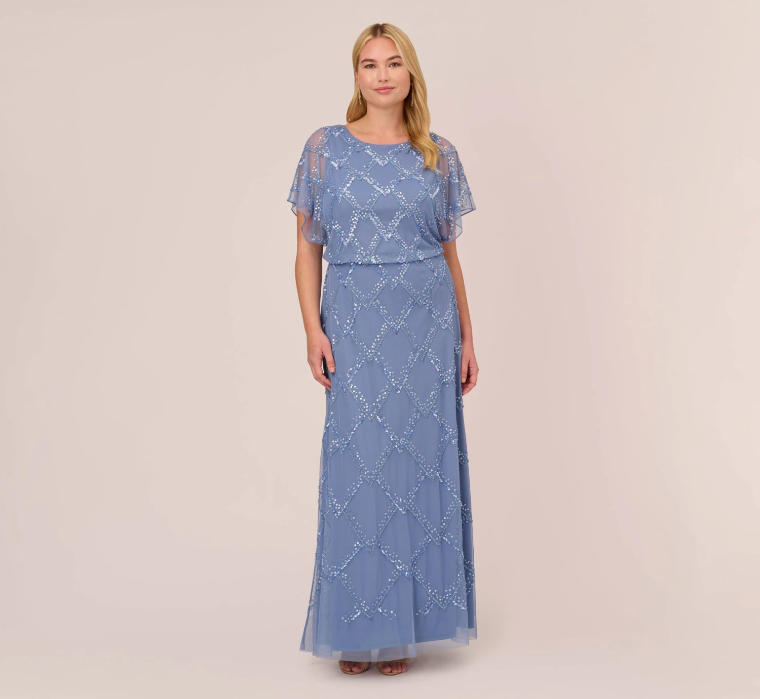 Adrianna Papell Plus Size Hand-Beaded Blouson Long Gown With Flutter Sleeves In French Blue 2 Adrianna Papell Plus Size Hand-Beaded Blouson Long Gown With Flutter Sleeves In French Blue - Image 2