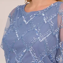 Adrianna Papell Plus Size Hand-Beaded Blouson Long Gown With Flutter Sleeves In French Blue 10 Adrianna Papell Plus Size Hand-Beaded Blouson Long Gown With Flutter Sleeves In French Blue -Glam Mirth Sales AP1E209547 AA544 Plus Detail