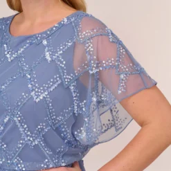 Adrianna Papell Plus Size Hand-Beaded Blouson Long Gown With Flutter Sleeves In French Blue 8 Adrianna Papell Plus Size Hand-Beaded Blouson Long Gown With Flutter Sleeves In French Blue -Glam Mirth Sales AP1E209547 AA544 Plus Lifestyle