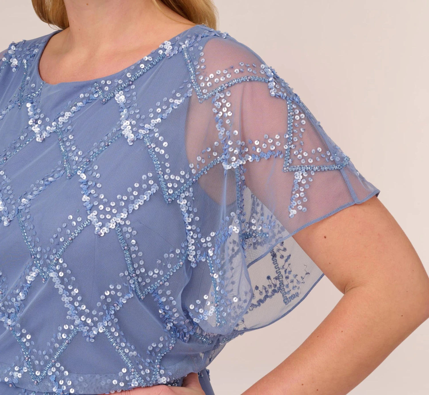 Adrianna Papell Plus Size Hand-Beaded Blouson Long Gown With Flutter Sleeves In French Blue 3 Adrianna Papell Plus Size Hand-Beaded Blouson Long Gown With Flutter Sleeves In French Blue - Image 3