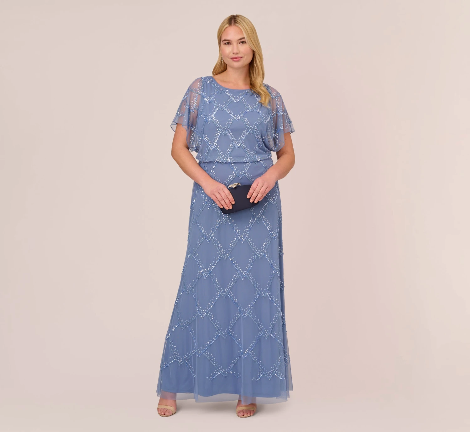 Adrianna Papell Plus Size Hand-Beaded Blouson Long Gown With Flutter Sleeves In French Blue 1 Adrianna Papell Plus Size Hand-Beaded Blouson Long Gown With Flutter Sleeves In French Blue
