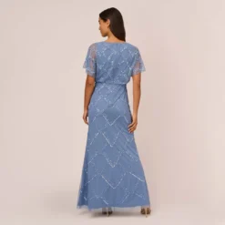 Adrianna Papell Hand-Beaded Blouson Long Gown With Flutter Sleeves In French Blue 10 Adrianna Papell Hand-Beaded Blouson Long Gown With Flutter Sleeves In French Blue -Glam Mirth Sales AP1E209547 AA544 Regular Back