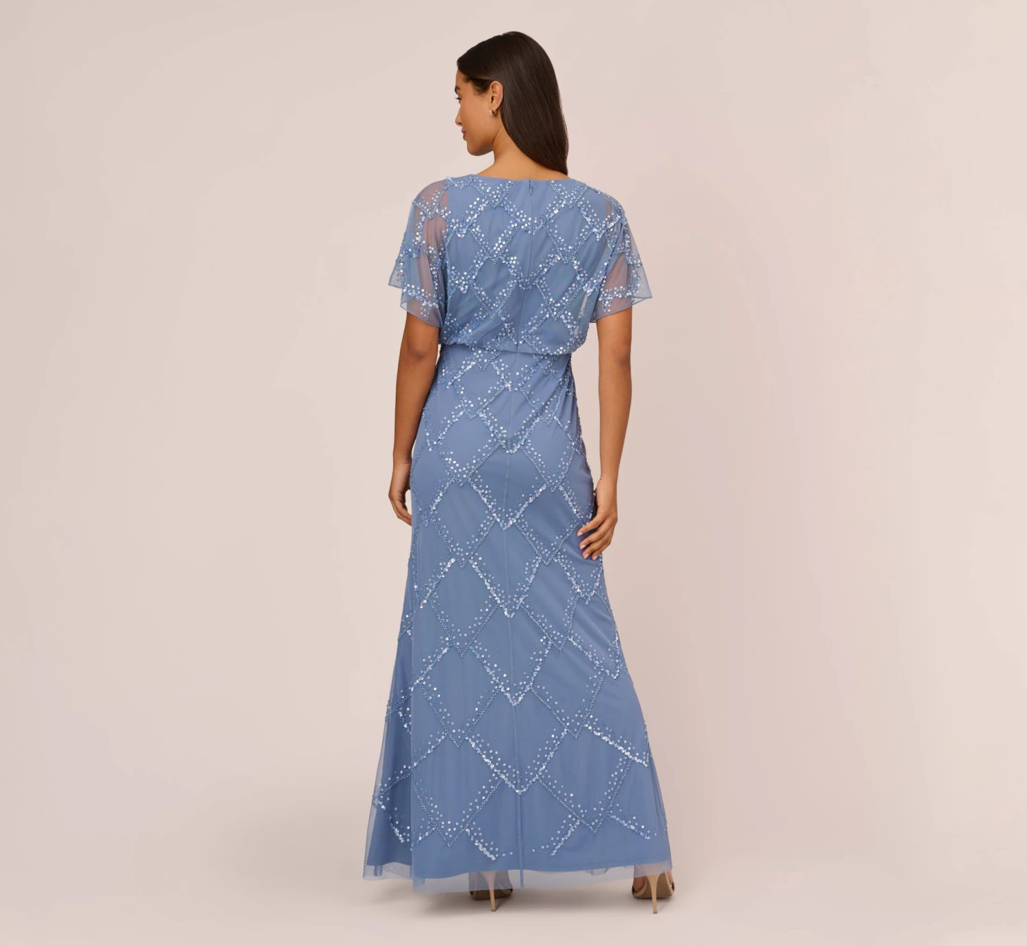 Adrianna Papell Hand-Beaded Blouson Long Gown With Flutter Sleeves In French Blue 4 Adrianna Papell Hand-Beaded Blouson Long Gown With Flutter Sleeves In French Blue - Image 4