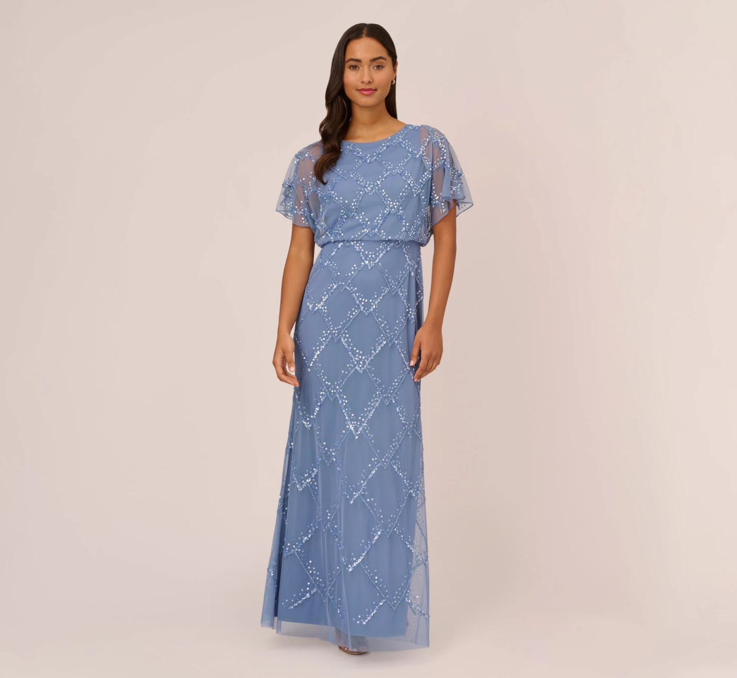 Adrianna Papell Hand-Beaded Blouson Long Gown With Flutter Sleeves In French Blue 2 Adrianna Papell Hand-Beaded Blouson Long Gown With Flutter Sleeves In French Blue - Image 2