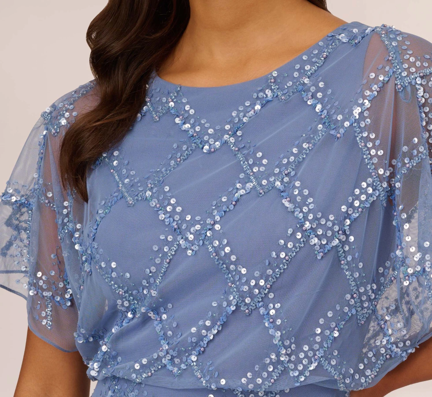 Adrianna Papell Hand-Beaded Blouson Long Gown With Flutter Sleeves In French Blue 5 Adrianna Papell Hand-Beaded Blouson Long Gown With Flutter Sleeves In French Blue - Image 5