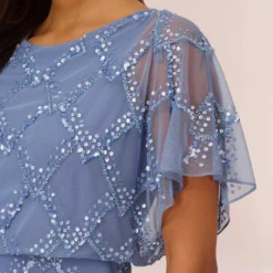 Adrianna Papell Hand-Beaded Blouson Long Gown With Flutter Sleeves In French Blue 9 Adrianna Papell Hand-Beaded Blouson Long Gown With Flutter Sleeves In French Blue -Glam Mirth Sales AP1E209547 AA544 Regular Lifestyle