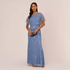 Adrianna Papell Hand-Beaded Blouson Long Gown With Flutter Sleeves In French Blue