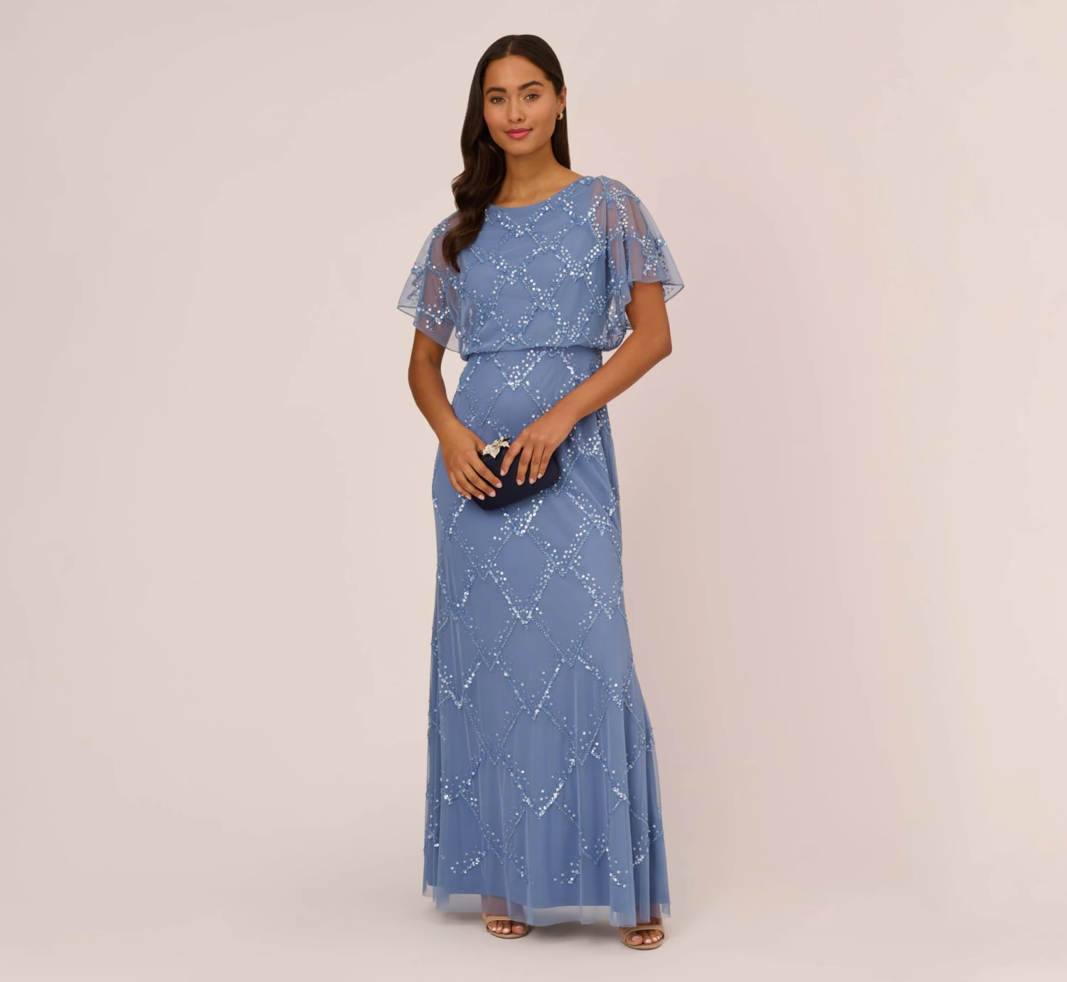Adrianna Papell Hand-Beaded Blouson Long Gown With Flutter Sleeves In French Blue 1 Adrianna Papell Hand-Beaded Blouson Long Gown With Flutter Sleeves In French Blue