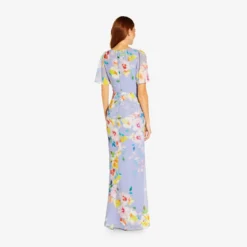 Adrianna Papell Floral Print Chiffon Long Gown In Peri Multi 6 Adrianna Papell Floral Print Chiffon Long Gown In Peri Multi -Glam Mirth Sales AP1E209584 AR590 Regular Back