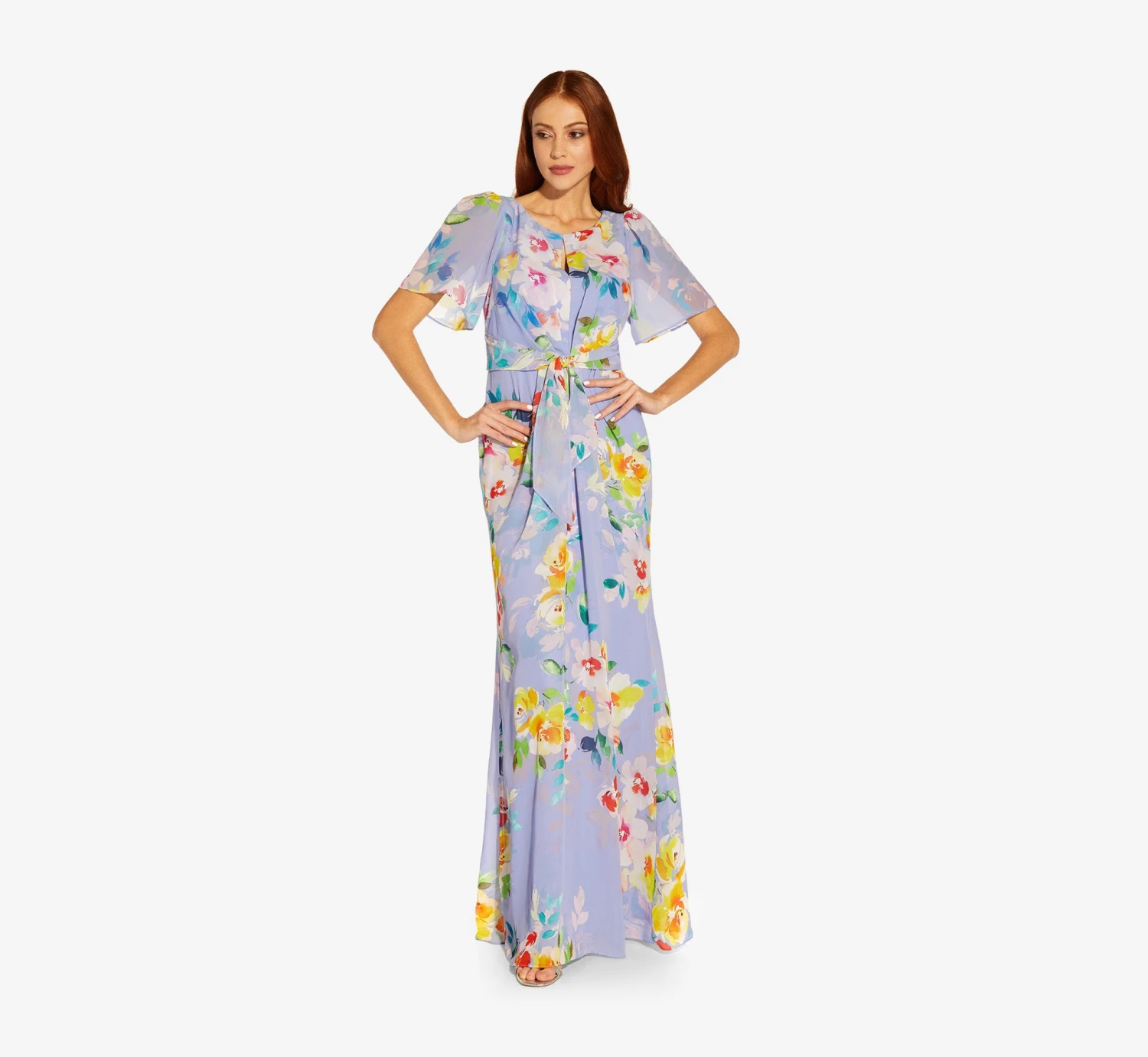 Adrianna Papell Floral Print Chiffon Long Gown In Peri Multi 1 Adrianna Papell Floral Print Chiffon Long Gown In Peri Multi