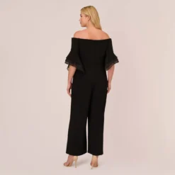 Adrianna Papell Plus Size Off The Shoulder Crepe Jumpsuit With Organza Sleeves In Black 9 Adrianna Papell Plus Size Off The Shoulder Crepe Jumpsuit With Organza Sleeves In Black -Glam Mirth Sales AP1E209617 AA002 Plus Back