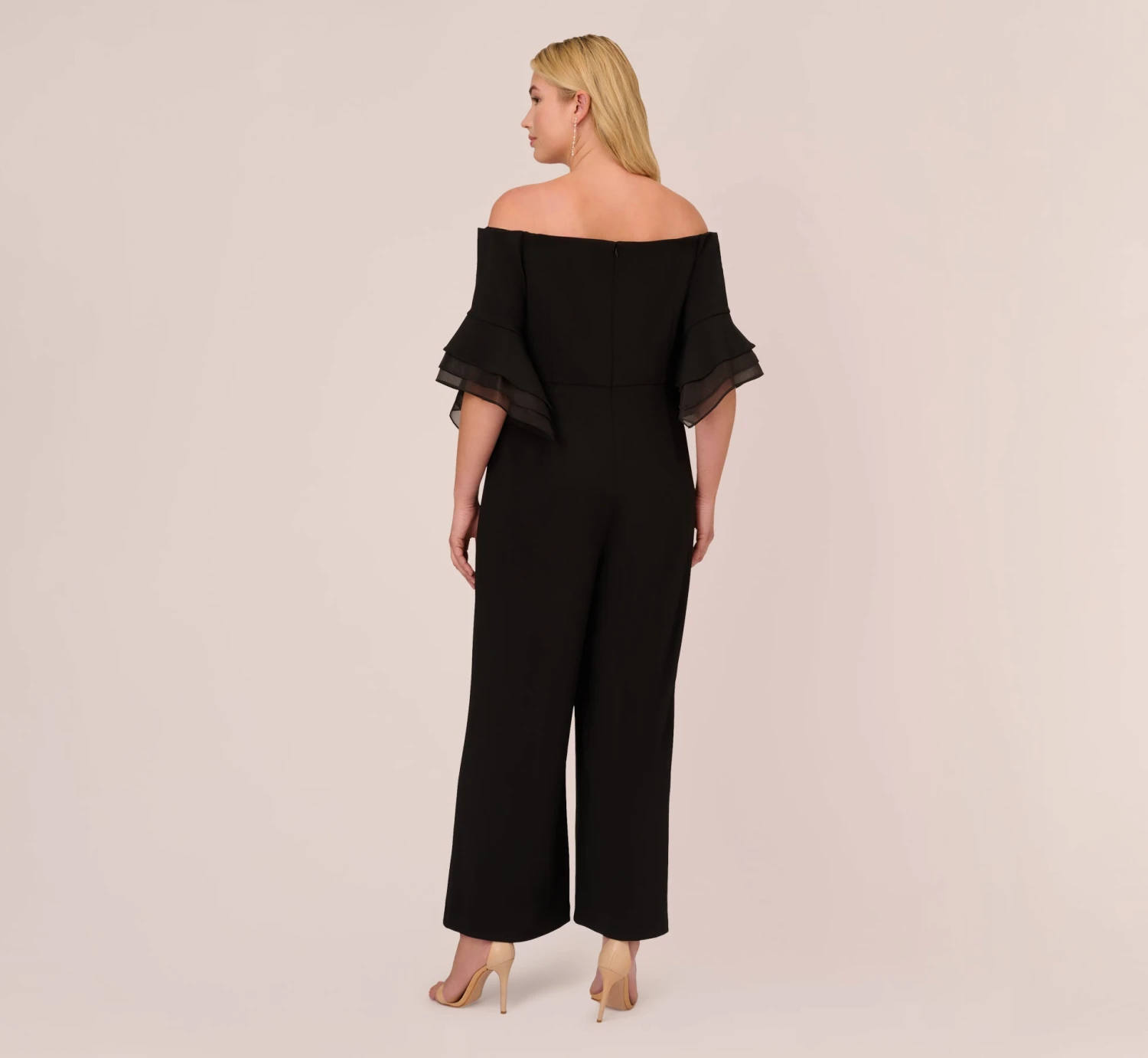 Adrianna Papell Plus Size Off The Shoulder Crepe Jumpsuit With Organza Sleeves In Black 4 Adrianna Papell Plus Size Off The Shoulder Crepe Jumpsuit With Organza Sleeves In Black - Image 4