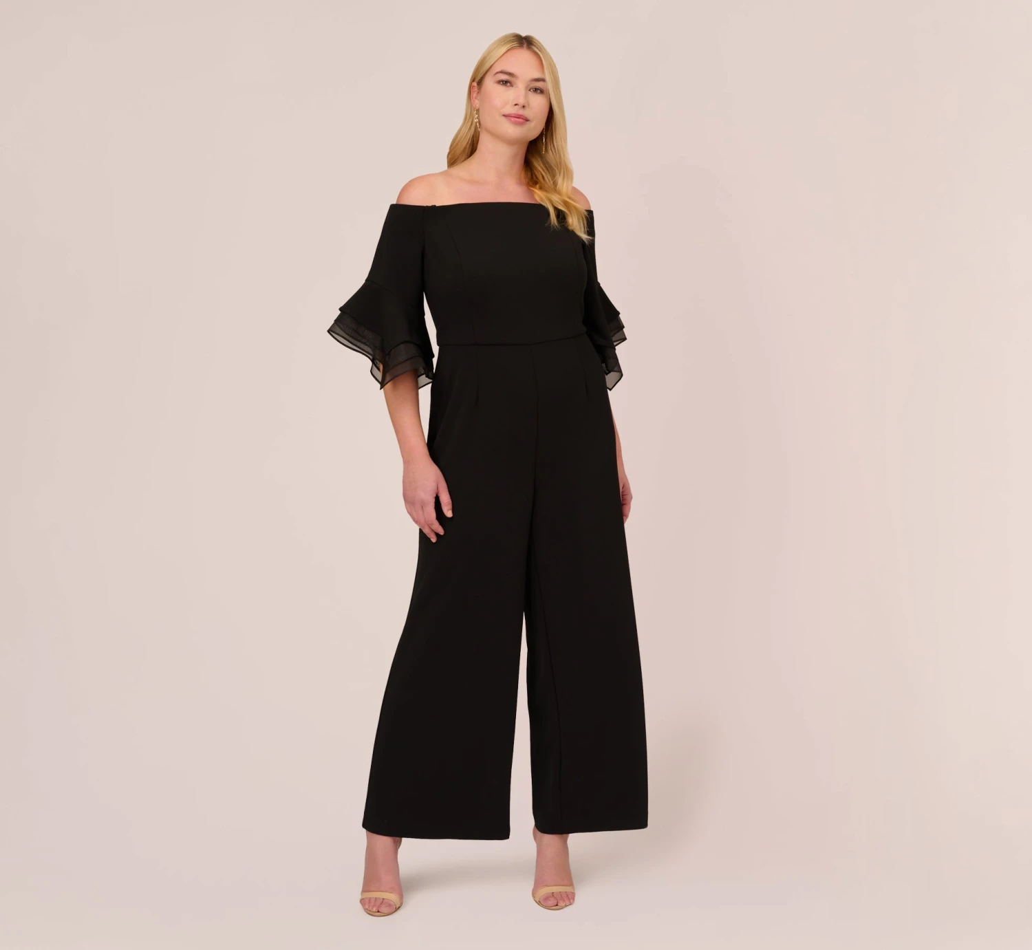 Adrianna Papell Plus Size Off The Shoulder Crepe Jumpsuit With Organza Sleeves In Black 1 Adrianna Papell Plus Size Off The Shoulder Crepe Jumpsuit With Organza Sleeves In Black