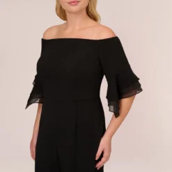 Adrianna Papell Plus Size Off The Shoulder Crepe Jumpsuit With Organza Sleeves In Black 10 Adrianna Papell Plus Size Off The Shoulder Crepe Jumpsuit With Organza Sleeves In Black -Glam Mirth Sales AP1E209617 AA002 Plus Detail