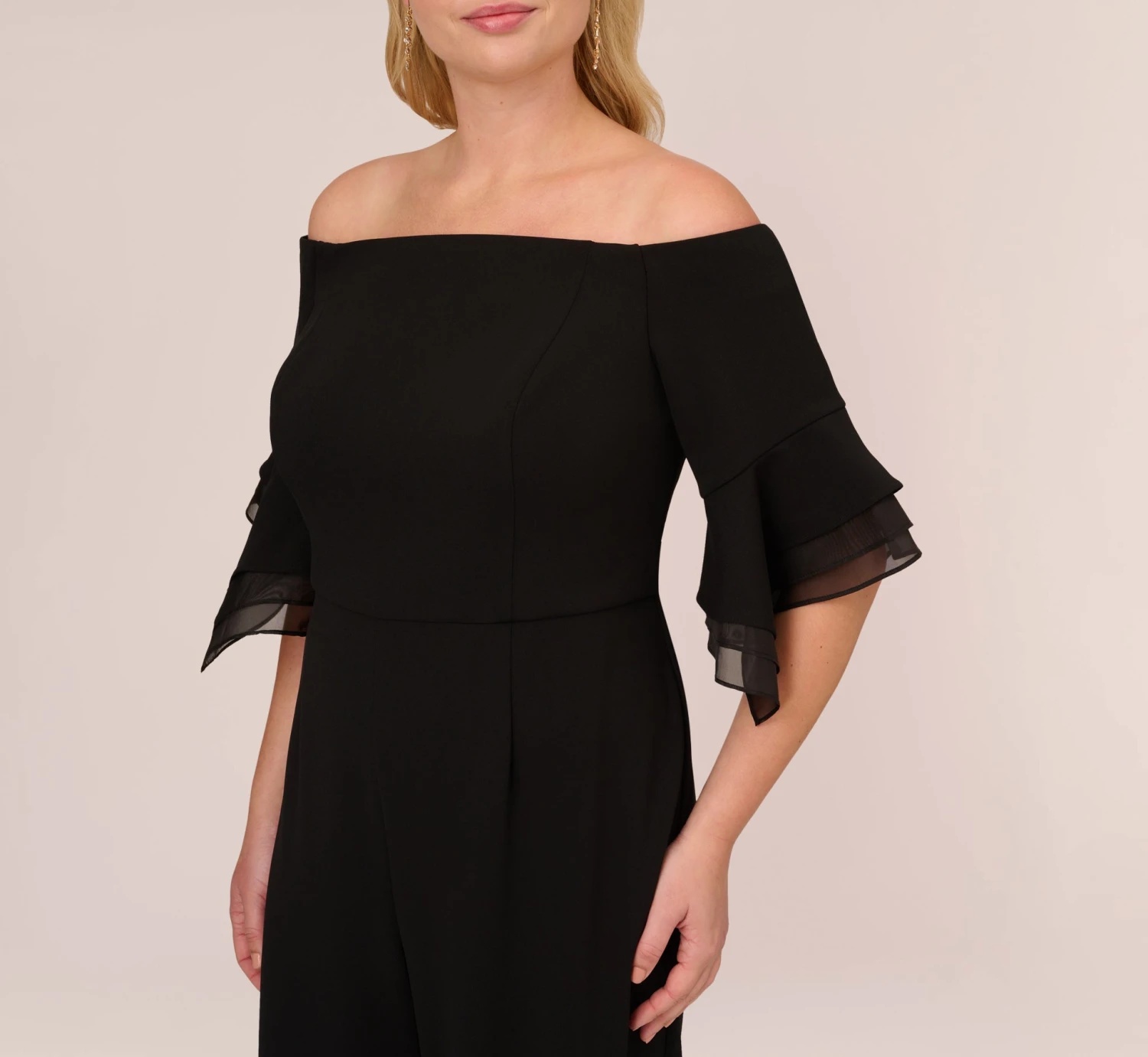Adrianna Papell Plus Size Off The Shoulder Crepe Jumpsuit With Organza Sleeves In Black 5 Adrianna Papell Plus Size Off The Shoulder Crepe Jumpsuit With Organza Sleeves In Black - Image 5