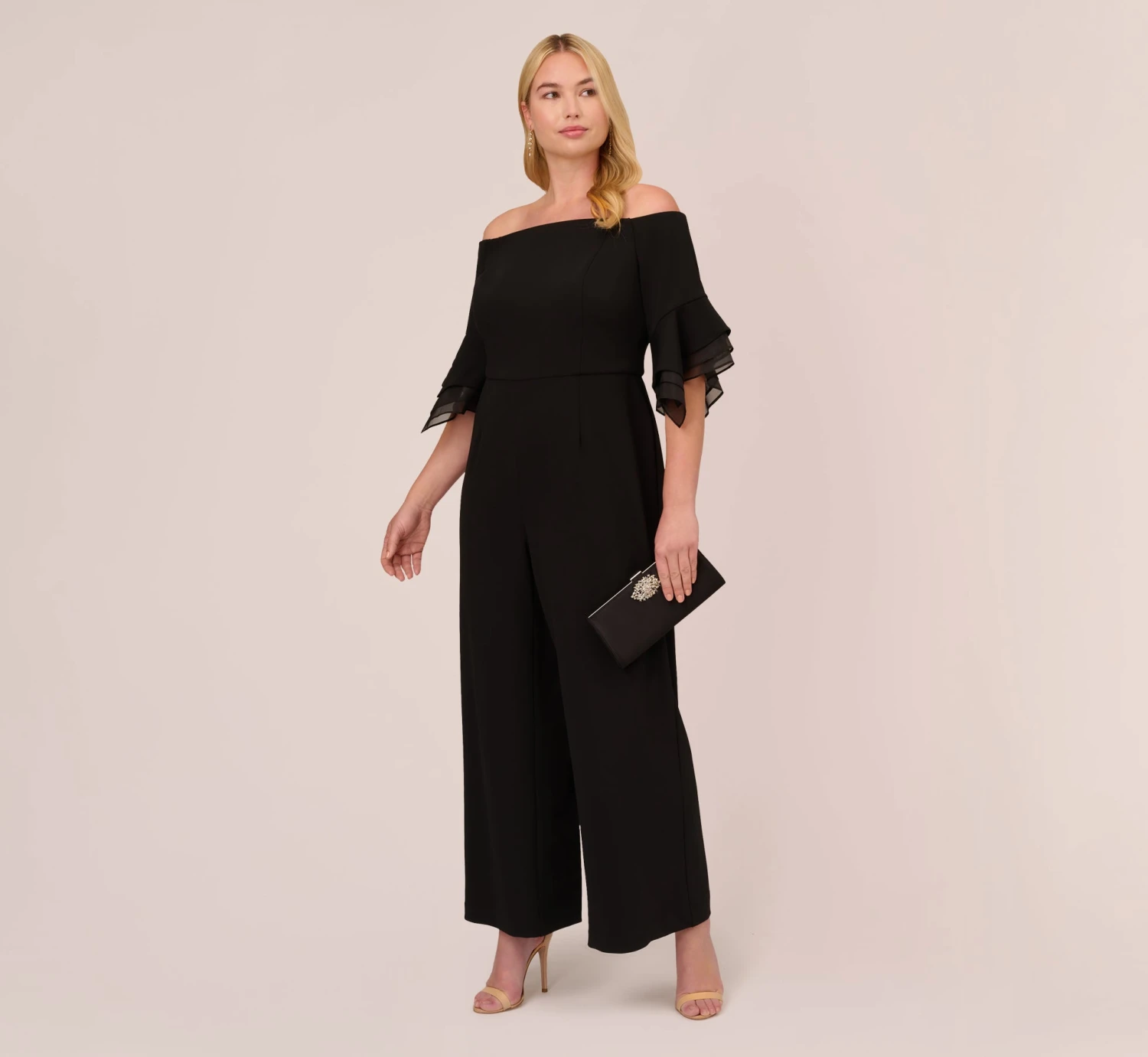 Adrianna Papell Plus Size Off The Shoulder Crepe Jumpsuit With Organza Sleeves In Black 2 Adrianna Papell Plus Size Off The Shoulder Crepe Jumpsuit With Organza Sleeves In Black - Image 2
