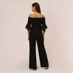 Adrianna Papell Off The Shoulder Crepe Jumpsuit With Organza Sleeves In Black 9 Adrianna Papell Off The Shoulder Crepe Jumpsuit With Organza Sleeves In Black -Glam Mirth Sales AP1E209617 AA002 Regular Back