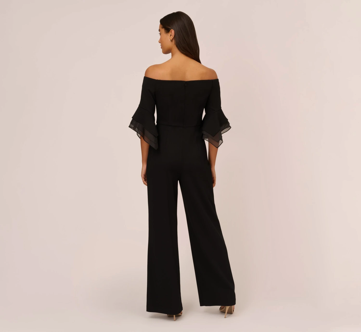 Adrianna Papell Off The Shoulder Crepe Jumpsuit With Organza Sleeves In Black 4 Adrianna Papell Off The Shoulder Crepe Jumpsuit With Organza Sleeves In Black - Image 4
