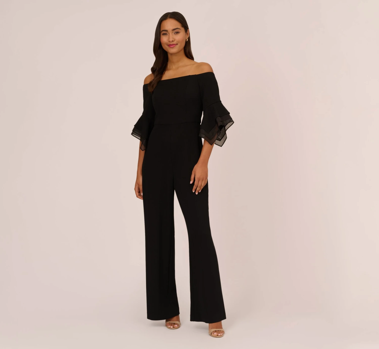 Adrianna Papell Off The Shoulder Crepe Jumpsuit With Organza Sleeves In Black 1 Adrianna Papell Off The Shoulder Crepe Jumpsuit With Organza Sleeves In Black