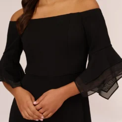 Adrianna Papell Off The Shoulder Crepe Jumpsuit With Organza Sleeves In Black 8 Adrianna Papell Off The Shoulder Crepe Jumpsuit With Organza Sleeves In Black -Glam Mirth Sales AP1E209617 AA002 Regular Detail