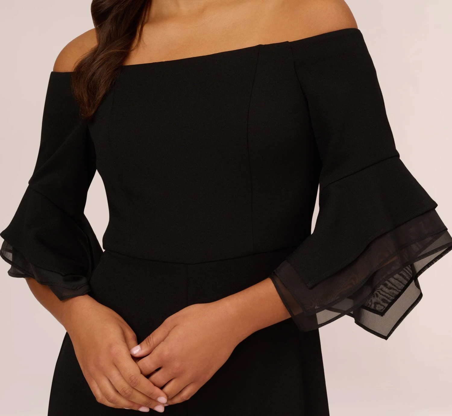 Adrianna Papell Off The Shoulder Crepe Jumpsuit With Organza Sleeves In Black 3 Adrianna Papell Off The Shoulder Crepe Jumpsuit With Organza Sleeves In Black - Image 3