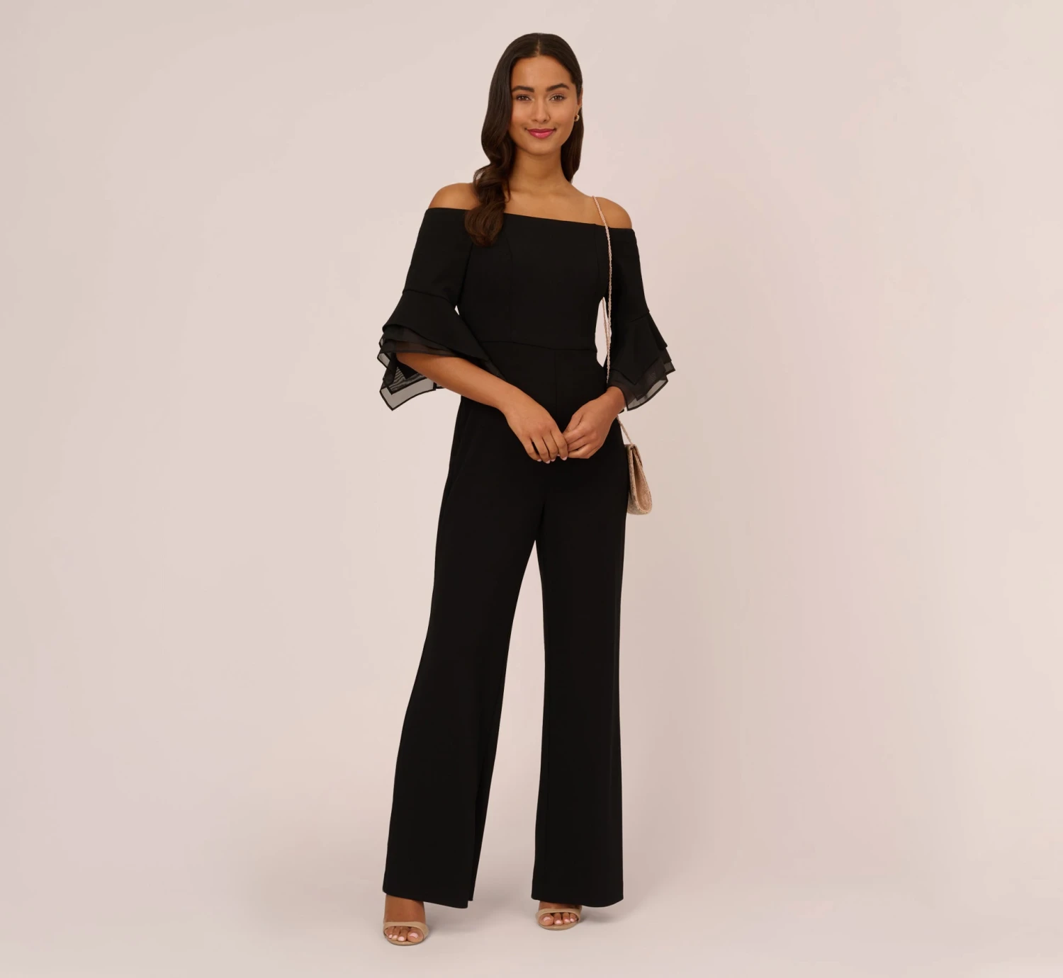 Adrianna Papell Off The Shoulder Crepe Jumpsuit With Organza Sleeves In Black 2 Adrianna Papell Off The Shoulder Crepe Jumpsuit With Organza Sleeves In Black - Image 2