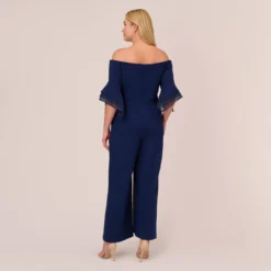 Adrianna Papell Plus Size Off The Shoulder Crepe Jumpsuit With Organza Sleeves In Navy Sateen 9 Adrianna Papell Plus Size Off The Shoulder Crepe Jumpsuit With Organza Sleeves In Navy Sateen -Glam Mirth Sales AP1E209617 AK412 Plus Back