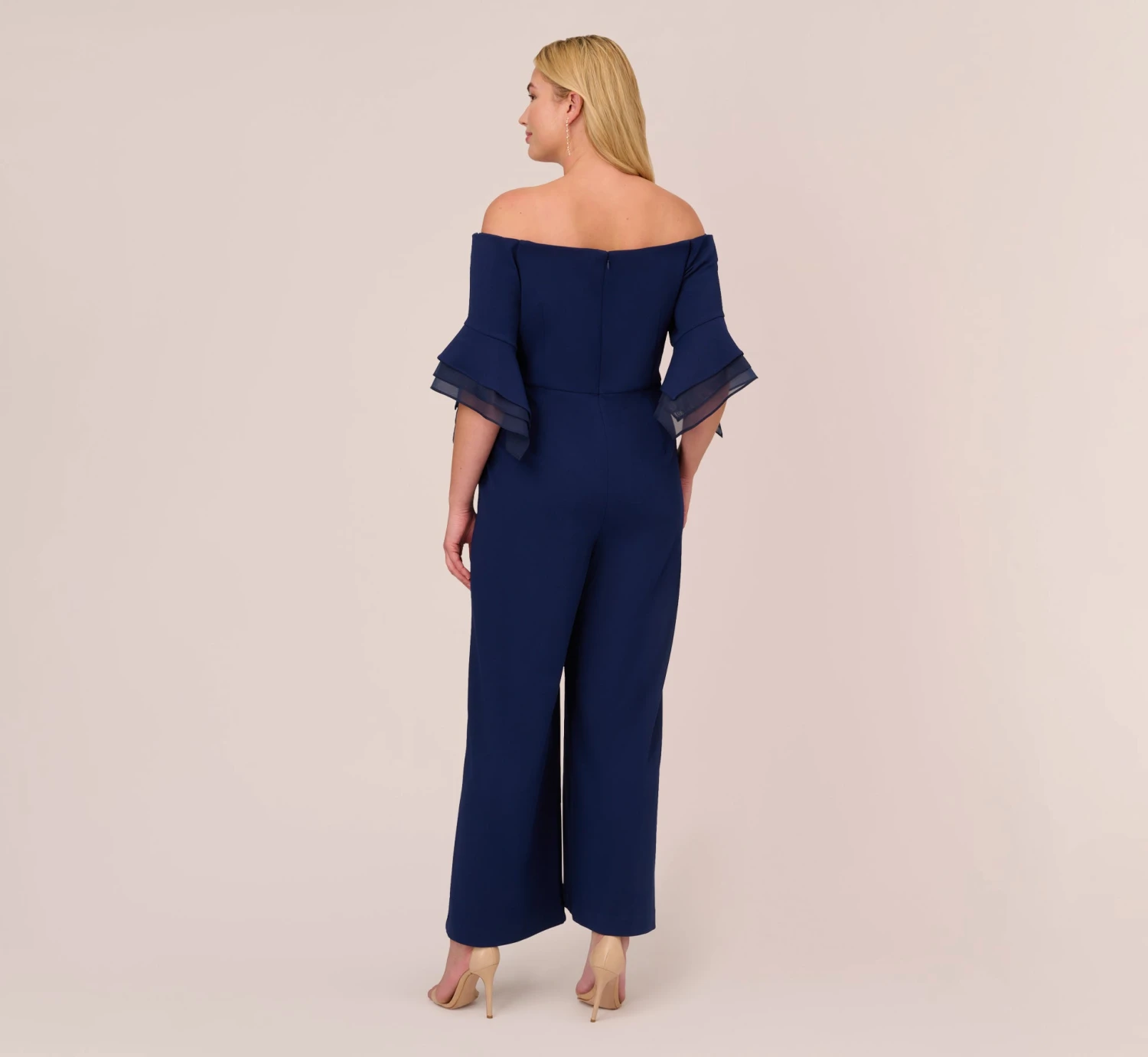 Adrianna Papell Plus Size Off The Shoulder Crepe Jumpsuit With Organza Sleeves In Navy Sateen 4 Adrianna Papell Plus Size Off The Shoulder Crepe Jumpsuit With Organza Sleeves In Navy Sateen - Image 4