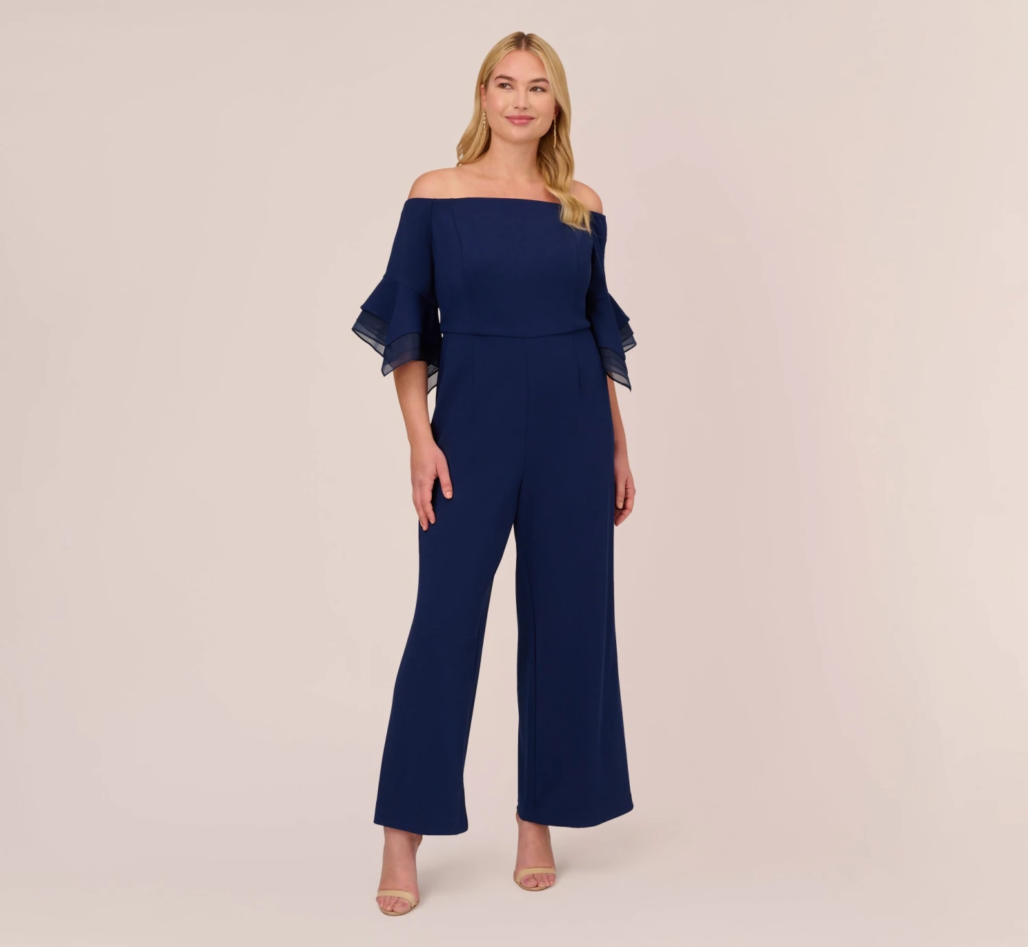 Adrianna Papell Plus Size Off The Shoulder Crepe Jumpsuit With Organza Sleeves In Navy Sateen 1 Adrianna Papell Plus Size Off The Shoulder Crepe Jumpsuit With Organza Sleeves In Navy Sateen