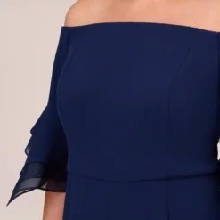 Adrianna Papell Plus Size Off The Shoulder Crepe Jumpsuit With Organza Sleeves In Navy Sateen 10 Adrianna Papell Plus Size Off The Shoulder Crepe Jumpsuit With Organza Sleeves In Navy Sateen -Glam Mirth Sales AP1E209617 AK412 Plus Detail